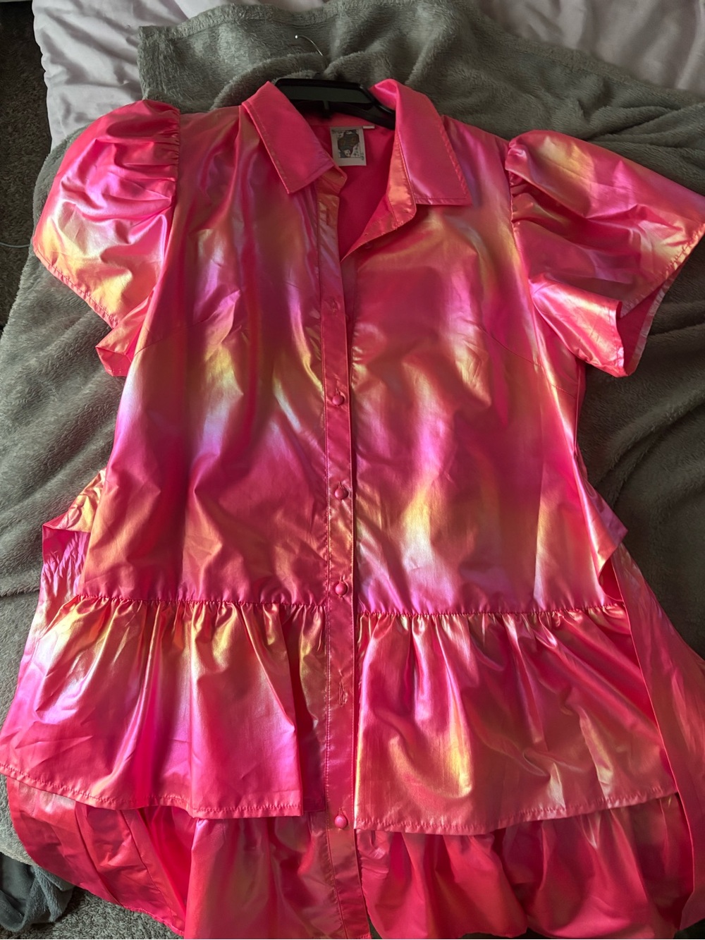 Queen of sparkles Iridescent Pink Tiered Shirt Dress with Waist Tie size L - Picture 6 of 6